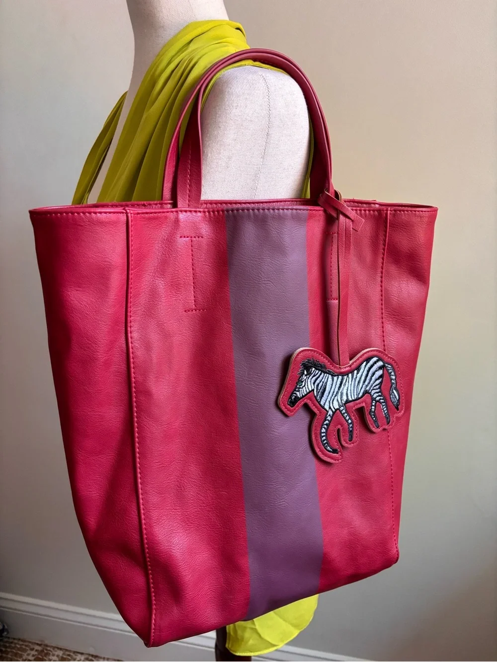Saks Fifth Avenue Red Faux Leather Tote Zebra Charm Large Shopper Bag